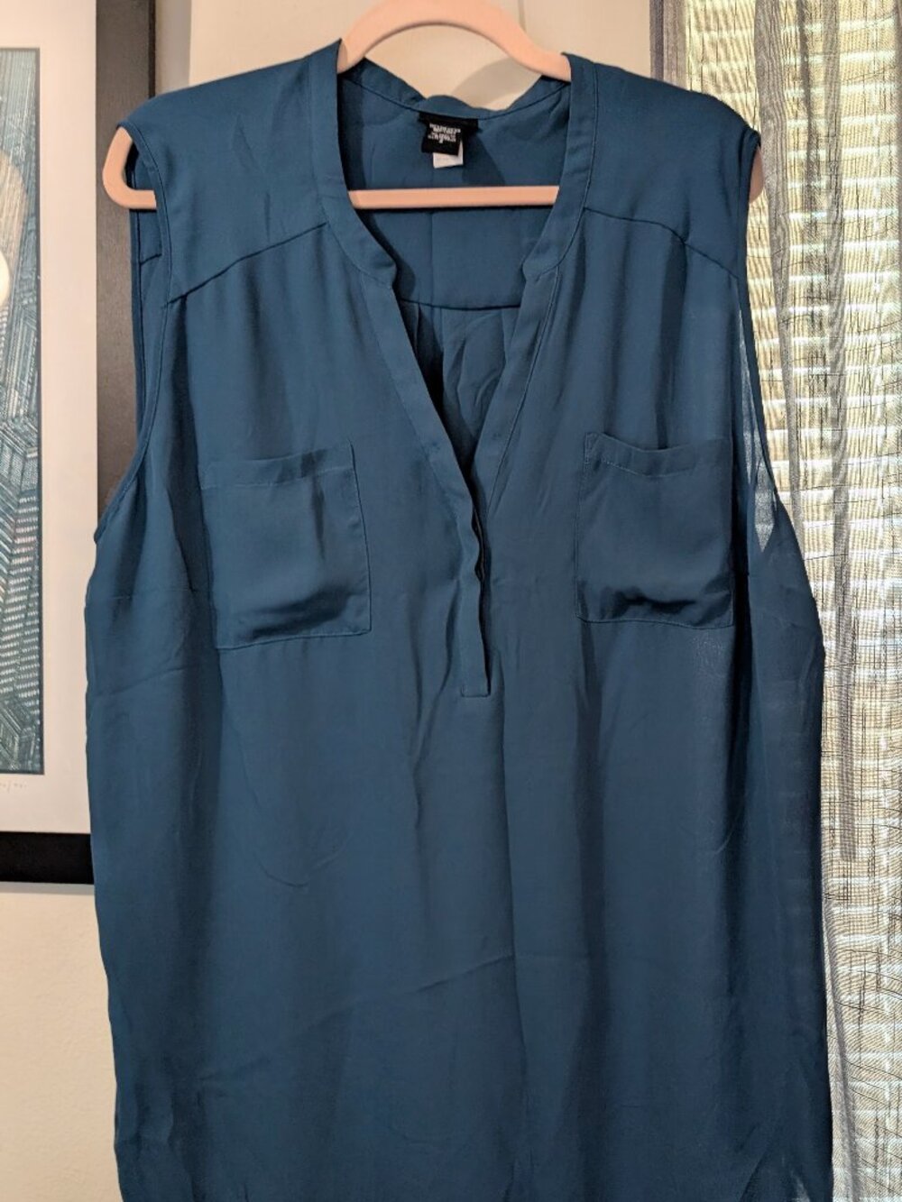 Torrid Aqua Blue Teal Sleeveless Blouse Pockets Button Mandarin Collar Size 3